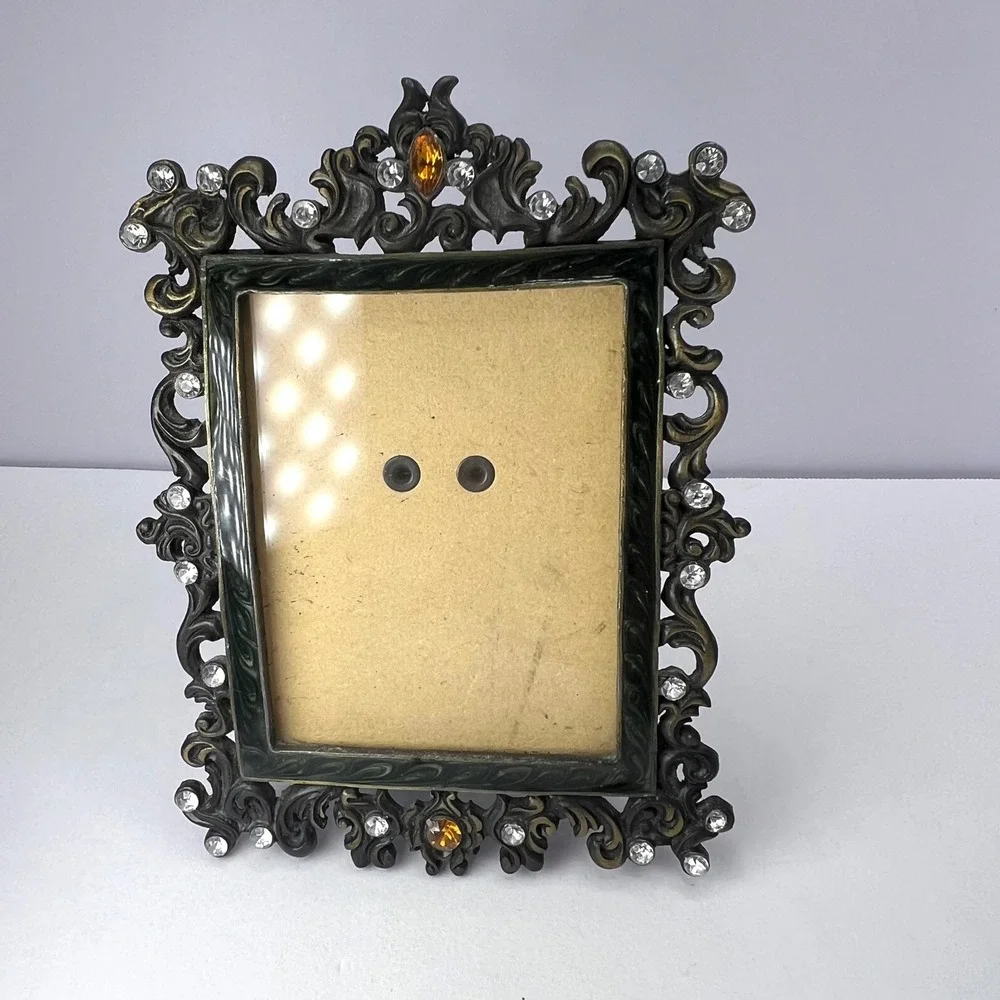 Ornate Bejeweled Frame Bronze Color 3.25 x 2.25 Vintage Green Enamel Baroque
